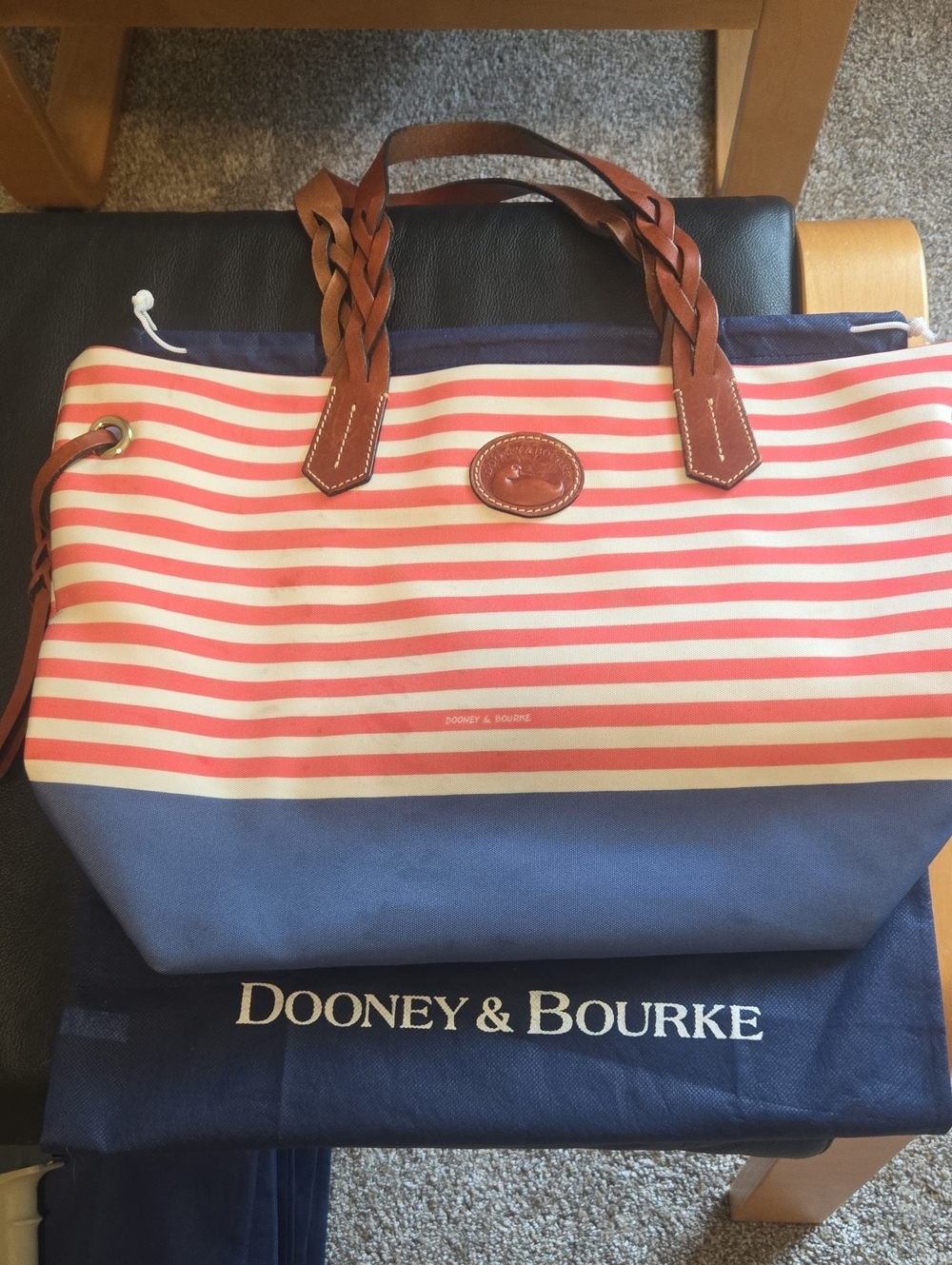 Dooney & Bourke Pink and Navy Striped Tote with Braided Leather Handles